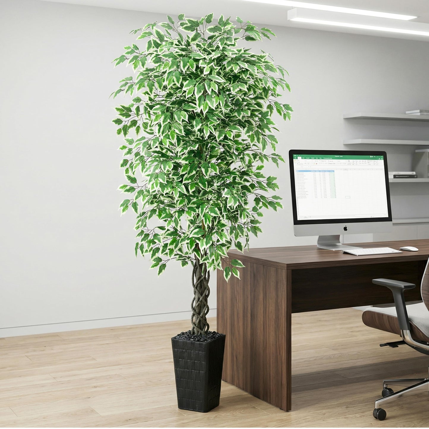 Artificial Ficus Tree Indoor 6FT Fake Plants Large Artificial Plant with Crack Black Tall Planter, Green Lifelike Lush Fake Ficus Tree for Home Living Room Bedroom Outdoor Balcony House Office Decor