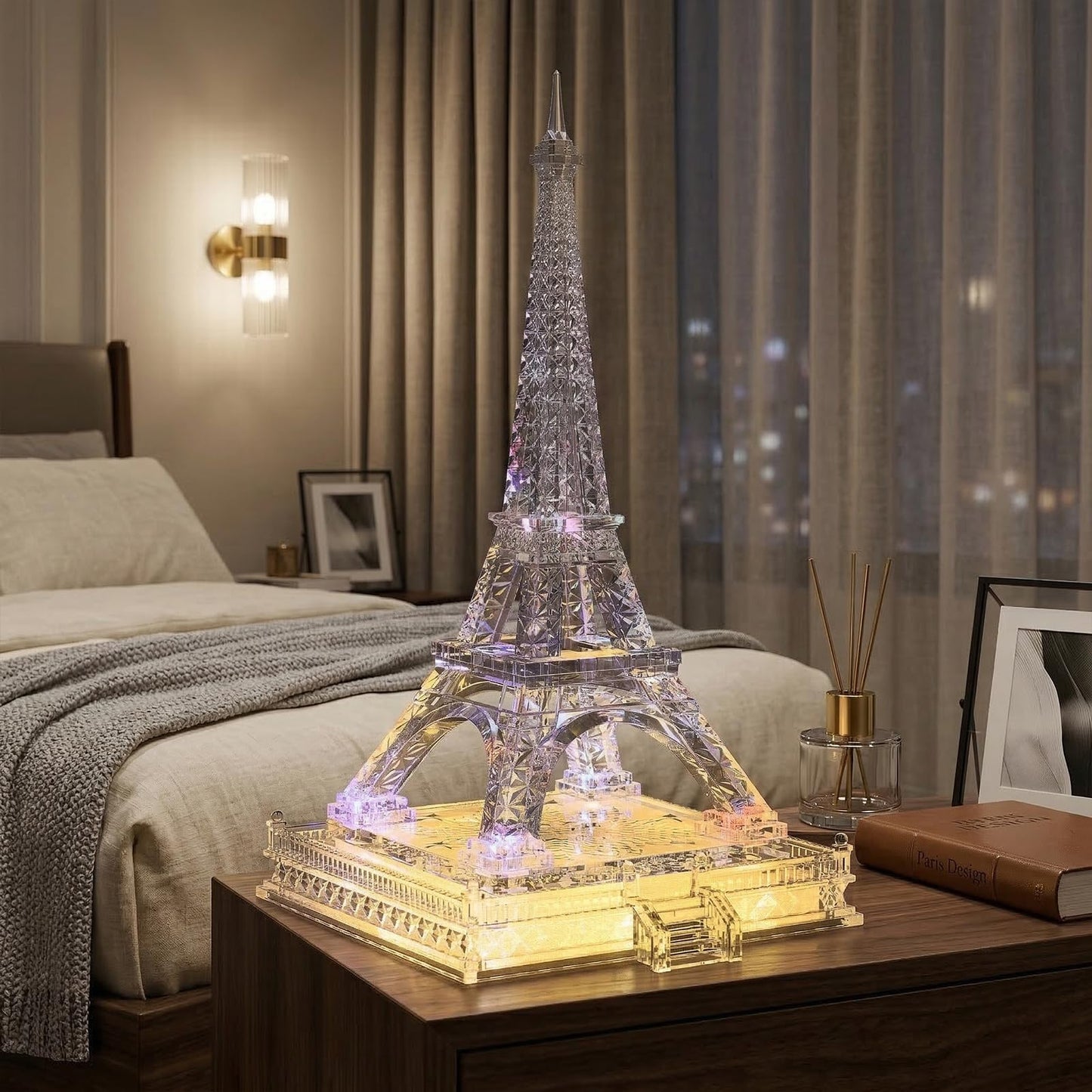 16.9in Tall Eiffel Tower Statue Clear Acrylic Figurine Torre Eiffel Decorations Paris Decor Centerpieces for Tables Home Living Room Shelf Mantel Tabletop Display Model with LED Light Crystal Finish