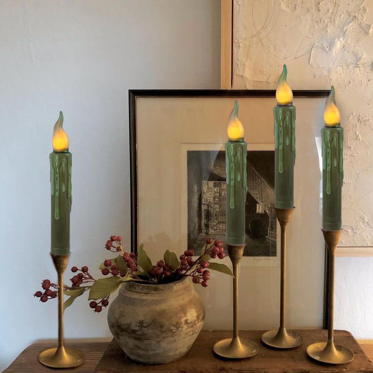 FCMSHAMD Olive Green Flameless Short Taper Candles, Real Wax Hand Dipped LED Battery Operated with Remote, Flickering Flame Lights for Party Home Décor, 6.7 Inch Primitive Flameless Candles, 4PCS
