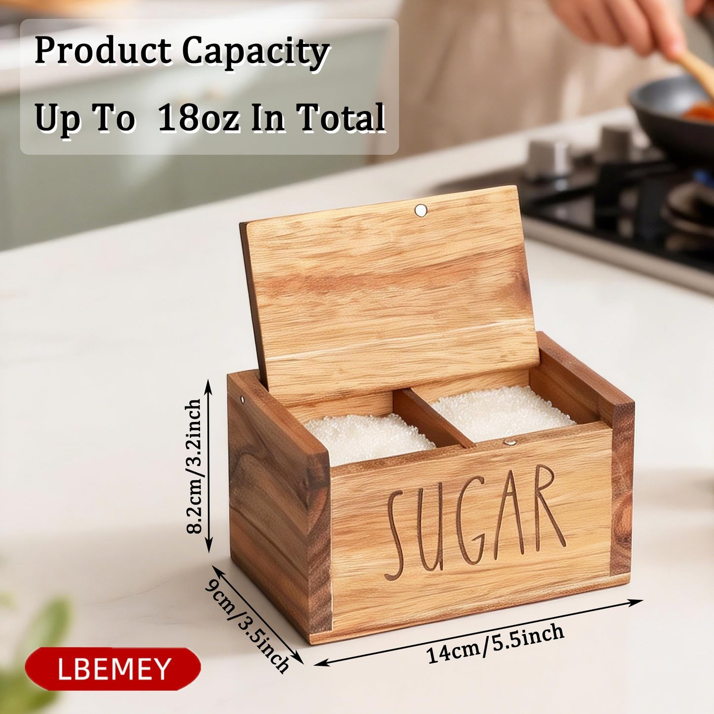 Acacia Wood Spice Box with Lid and Built-in Spoon for Kitchen Countertop, Rectangle Farmhouse Kitchen Decoror for Storing Salt, Peppers, Sugar or Seasonings, Brown (Labeled - “SUGAR”)