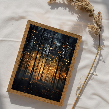JLTULT Framed Enchanted Forest Firefly Canvas Wall Art, Dark Twilight Landscape Wall Decor, Rustic Botanical Nature Tree Art Prints for Bedroom Living Room Office Decoration 8x10 inch Easy to Hang