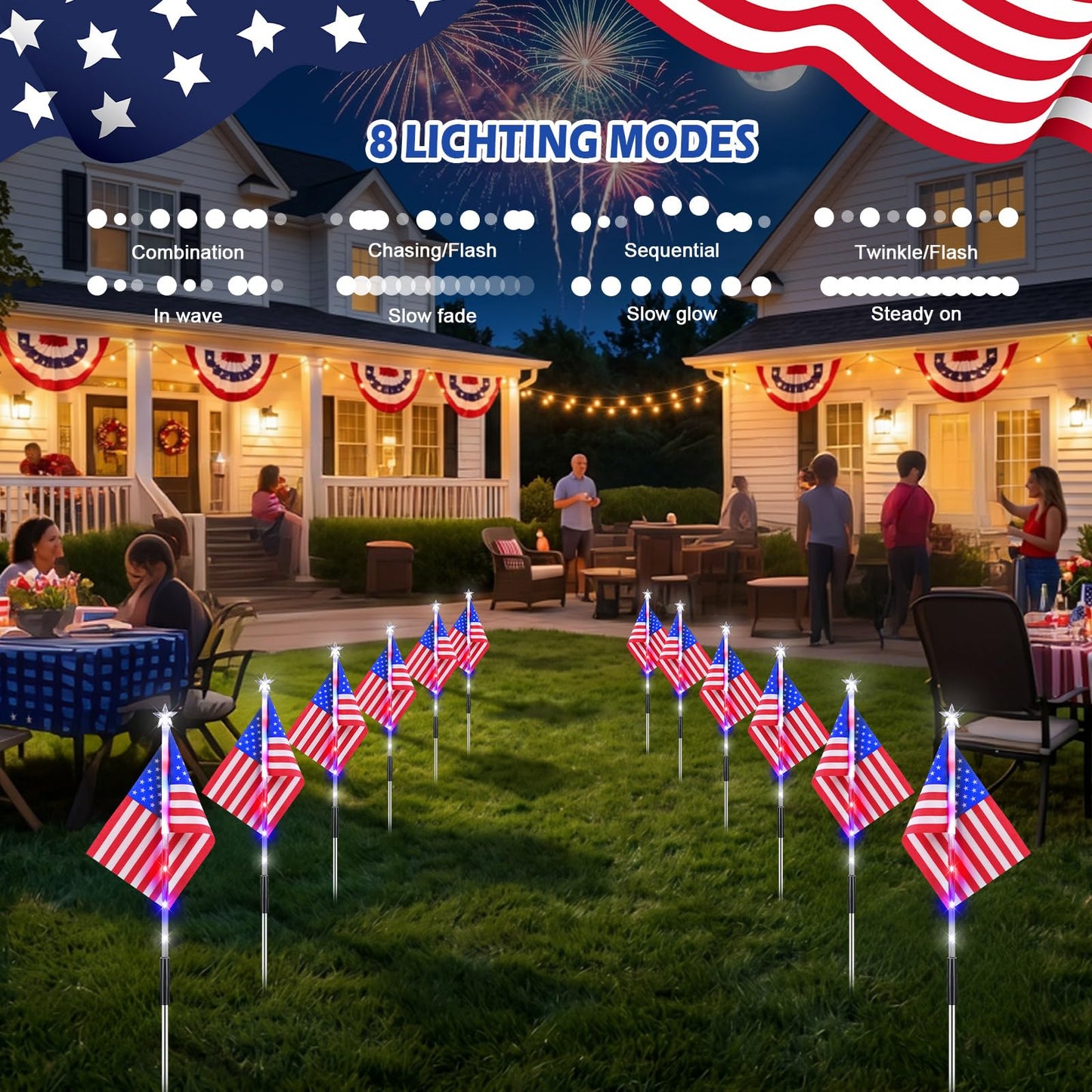 DTNESS 12 Pack 108 LED American Flag Pathway Lights, 4th of July Decoration Outdoor, Waterproof Patriotic USA Flag Stake Lights w/ 8 Modes, Red White Blue Lights for Memorial Day Independence Day