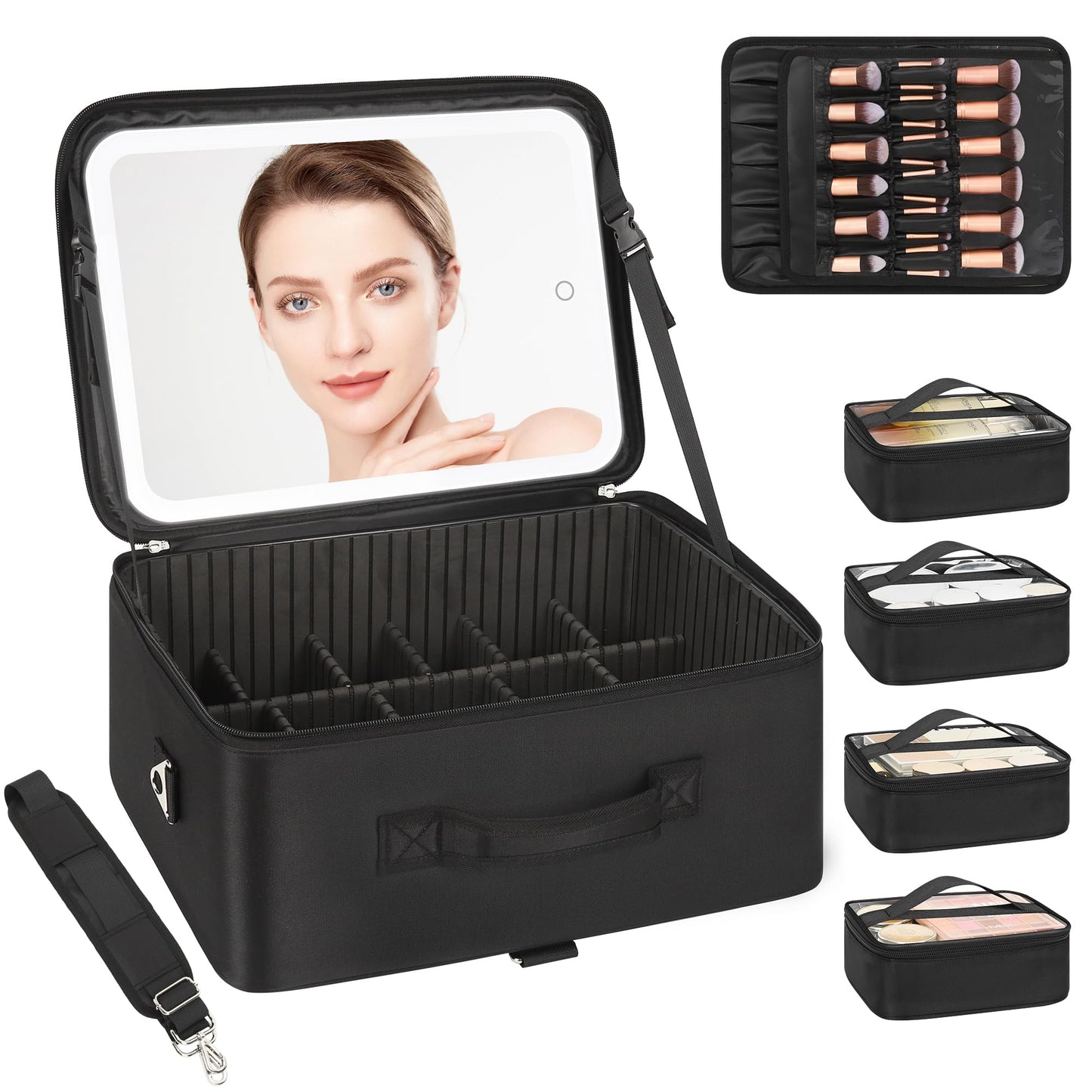Relavel Travel Makeup Bag With LED Mirror, Cosmetic Train Case with Light up Mirror, Portable Makeup Artist Organizer Bag with Adjustable Dividers, Makeup Brush Holder Storage, Black