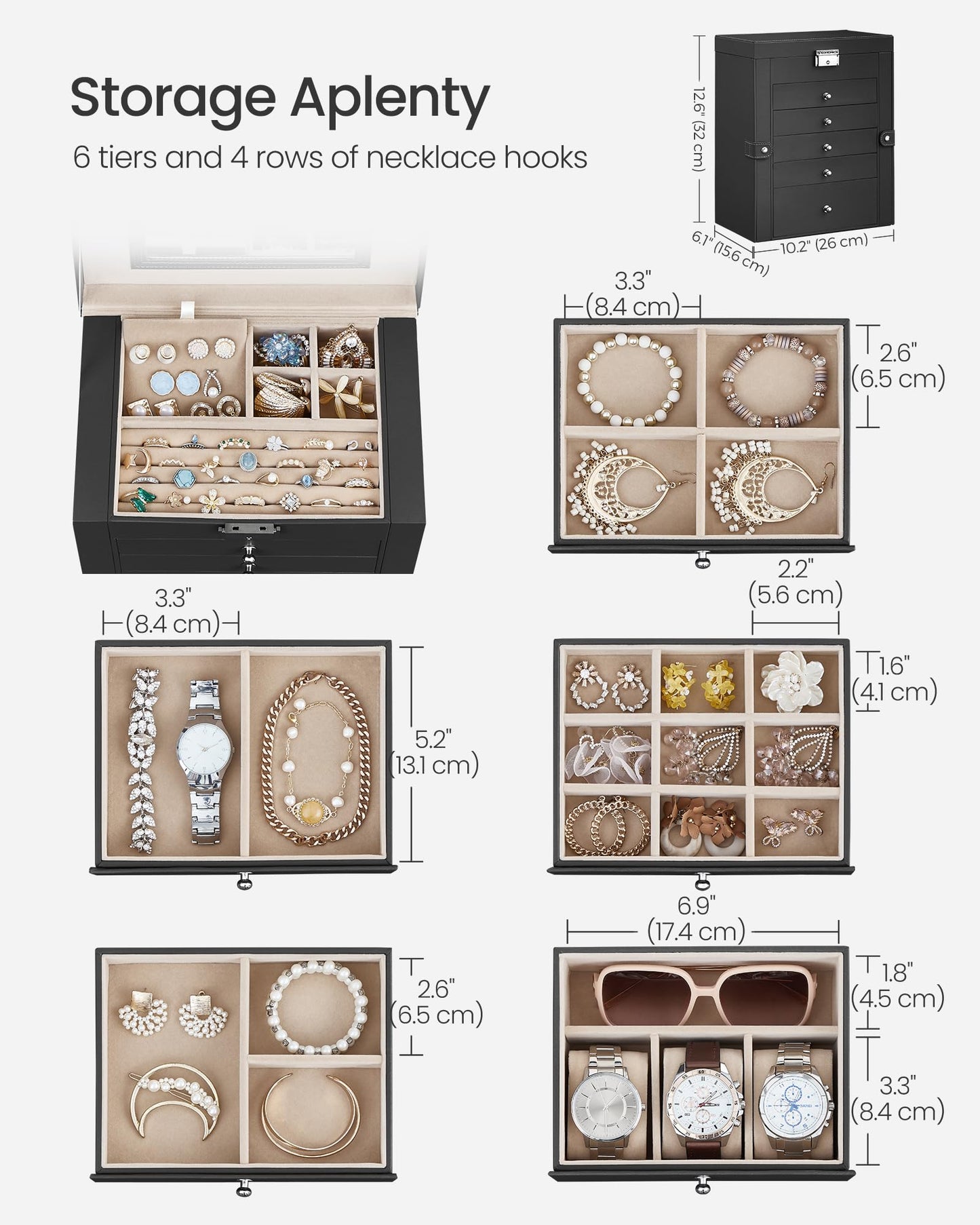 SONGMICS Jewellery Box 6 Tiers, Jewellery Case with 5 Drawers, Large Storage Capacity, with Mirror, Lockable, Jewellery Storage Organiser, Gift for Loved Ones, for Watches, Black JBC152B01