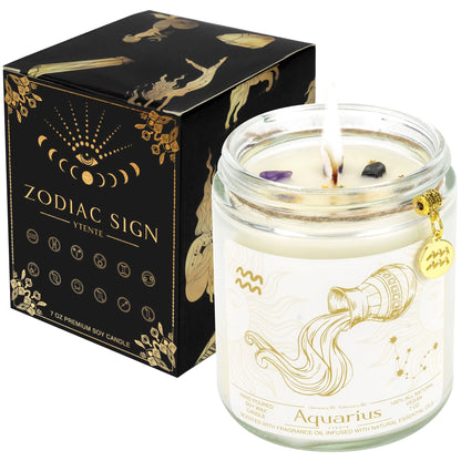 YTENTE Aquarius Gifts - Zodiac Sign Crystals Candles, Scented Soy Candles for Mom, Women, Sister, Anniversary, Birthday