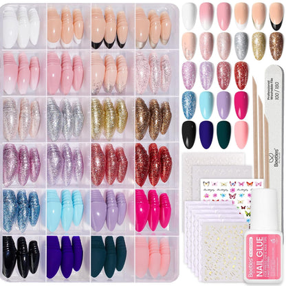 Beetles Press on Nails Kit 720Pcs 24 Colors, Press on Nails Short Almond Glossy Matte Glitter With Nail Glue & Nail Tabs Stickers, Natural Fit Lightweight Fake Nails Kit Art For Women Girls