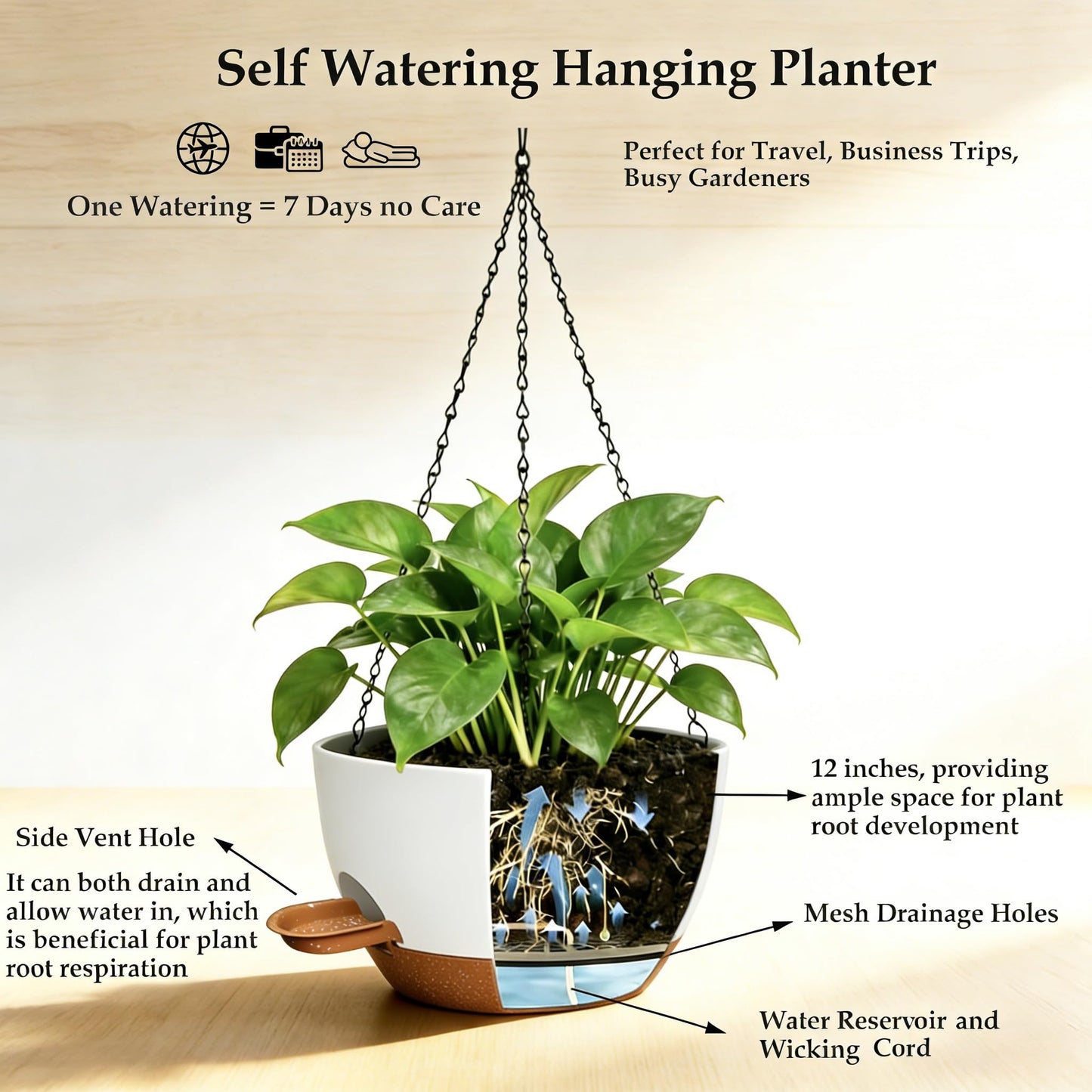 CNLBO 12 Inch Self Watering Hanging Planters 2 Pack, Indoor Outdoor Hanging Pots for Plants with Drainage Holes & Saucers, White Brown Plastic Hanging Baskets for Kitchen Balcony Garden