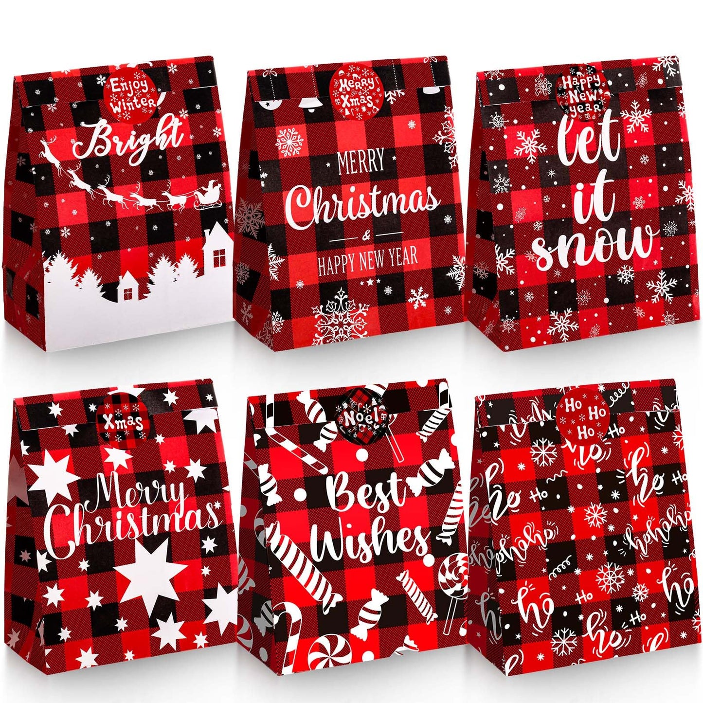 24 Pack Christmas Paper Gift Bag Xmas Goodies Candy Bags with 24 Pieces Christmas Theme Stickers Xmas Treat Tote Bags Party Decorations for Xmas Party Favors Supplies(Bright Style)