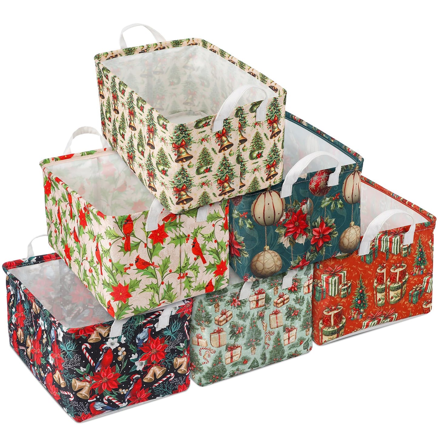 LemonRoad 6 Pcs Christmas Storage Baskets for Gifts Large Empty Collapsible Christmas Storage Bins Canvas Laundry Box with Handle Xmas Containers for Office Home Bedroom Clothes Holiday Decor