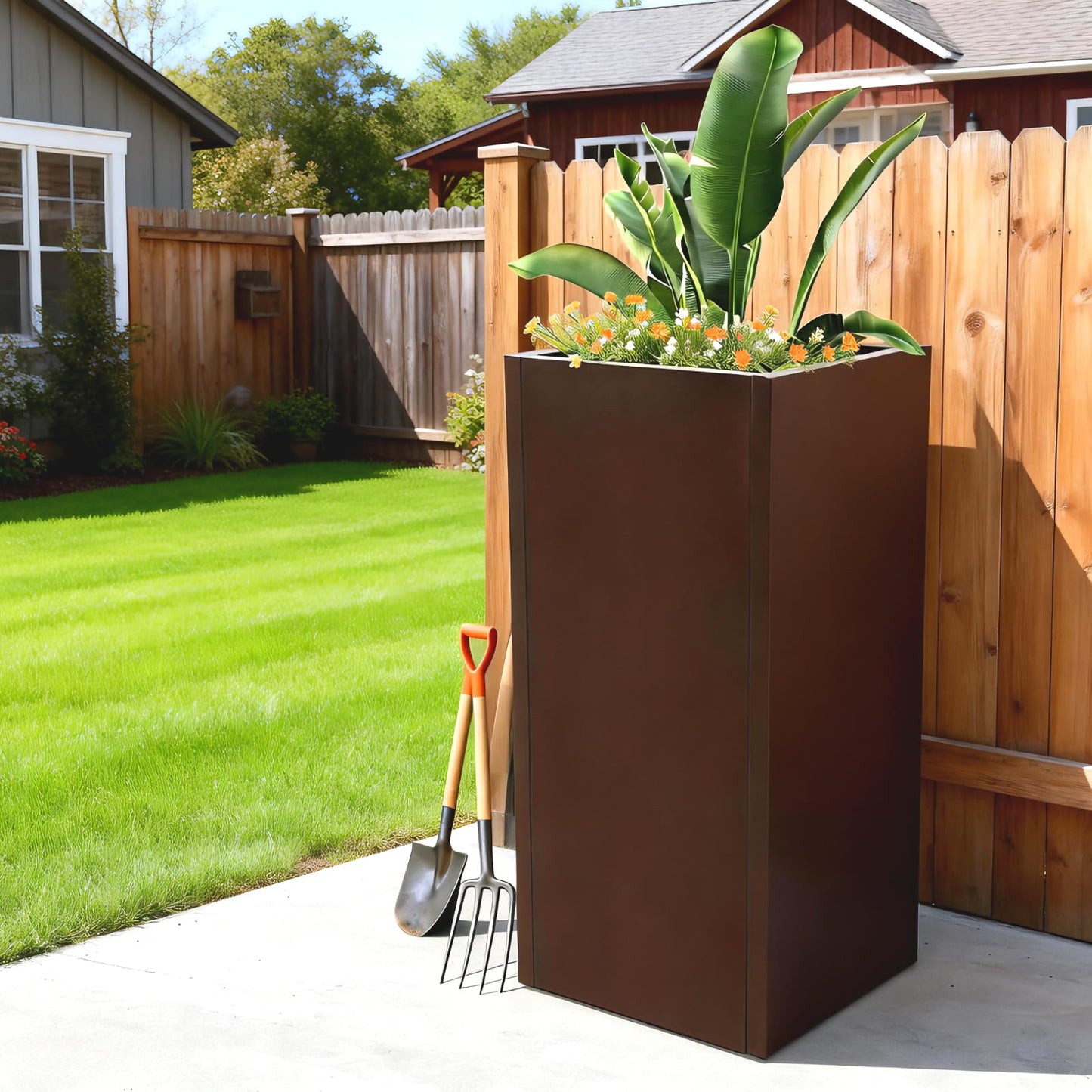 wukaeiue Galvanized Steel Planter Box 16x16x30 Inches, Brown - Modern Raised Garden Bed with Drainage Holes & Easy Assembly, Heavy Duty Metal Flower Pot for Outdoor Indoor Plants, Herbs, Flowers