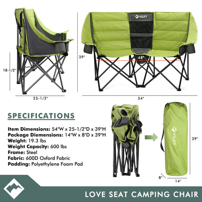 VILLEY Double Camping Chair w/Cooler Bag, Extra Wide Loveseat, Heavy Duty Padded Camping Couch, Portable Folding Chair w/Carry Bag Steel Frame Cup Holders for Camp Lawn Picnic Sports, Support 600LBS