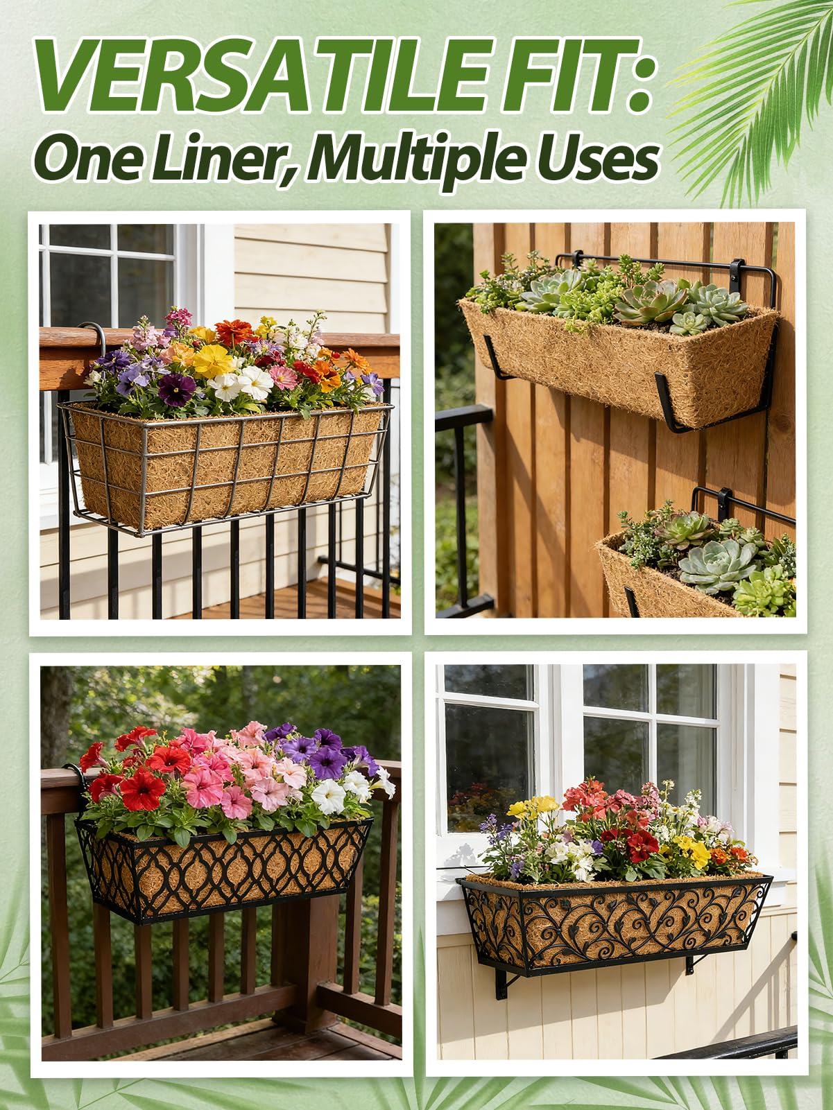 24in Tapered Coco Liners for Window Planter Box - 2 Pack 100% Natural Coconut Coir Fiber Liner Replacement for Deck Flower Box, Garden Railing Fence Wall Planter Basket