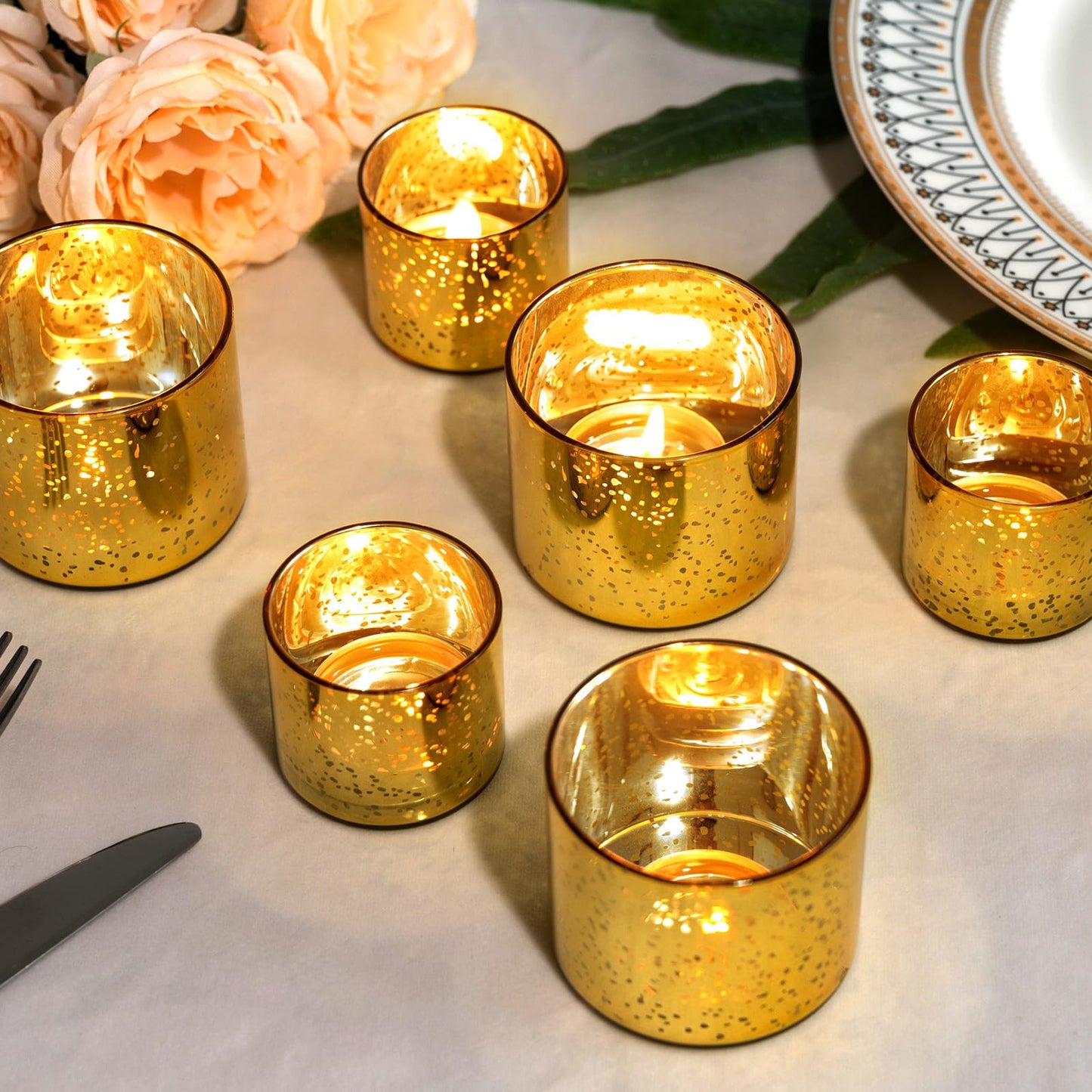 FrutPunch 12-Piece Gold Candle Holders, Speckled Mercury Gold Votive Candle Holders, Two Models, Suitable for Wedding Table Centerpieces, Party Decorations and Home Decor