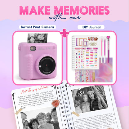 FINcredible Photomaker Kit - Instant Print Camera for Kids Plus DIY Journal Kit for Girls - 150 Pcs Tween Journal & Camera for Girls - 6 7 8 9 10 11 12 13 14 Year Old Girl (Lilac)