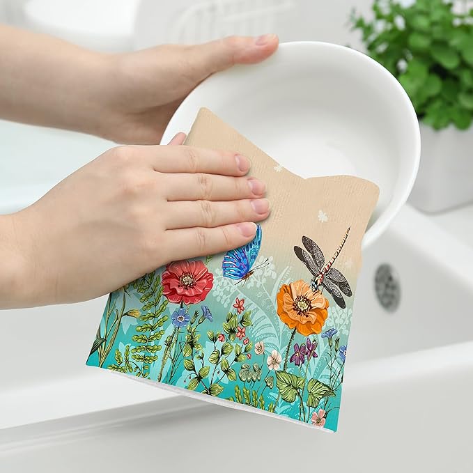 Dragonfly Floral Kitchen Towel Decorative Set of 2 Soft Absorbent Hand Towels