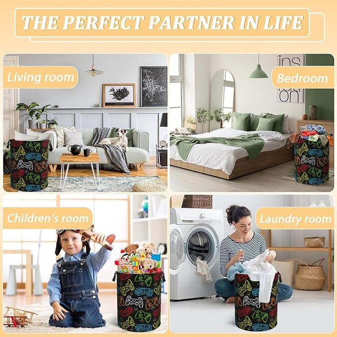 Colorful Game Joystick Silhouettes Laundry Hamper Bag