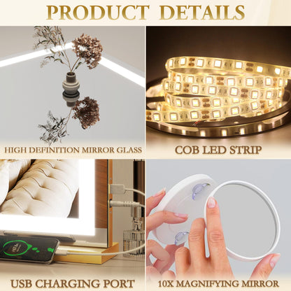 ROLOVE Vanity Mirror with Lights, 32" x 22" Large Lighted Vanity Mirror with Dimmable 3 Modes, LED Makeup Mirror, 10X Magnification, USB Charging Port, Tabletop or Wall-Mounted Square Gold