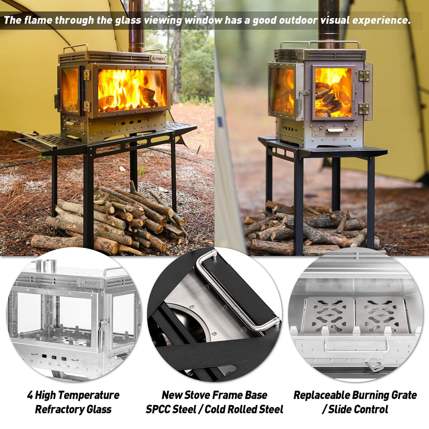 POMOLY Camping Tent Stove Wood Stove, Dweller Ultra 4 Stainless Steel Wood Burning Stove and Stove Frame Base for Cooking, Heating (with 4 Glasses)