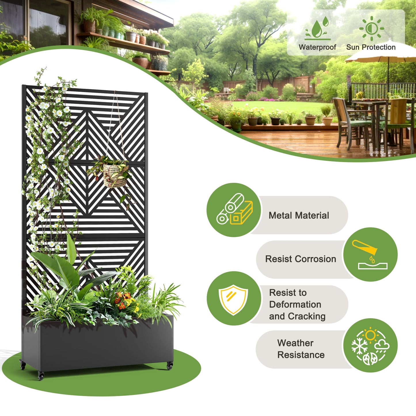 FENCY Metal Raised Garden Bed with Wheels and Trellis,73"x35"x16" Planter Box for Climbing Plants, Vegetables & Vines, Features Privacy Screen and Drainage Holes (Black-Modern)