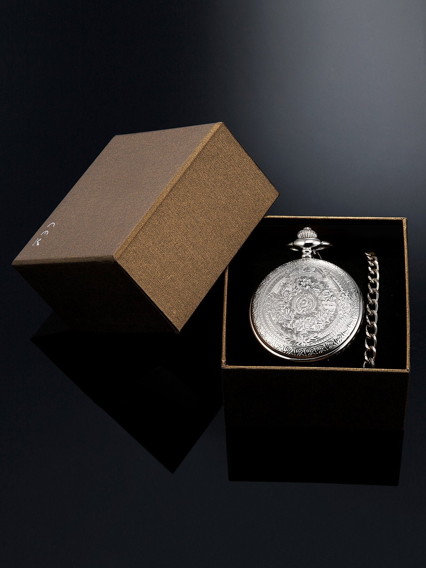 Quartz Pocket Watch for Men with Black Dial and Chain (Silver)