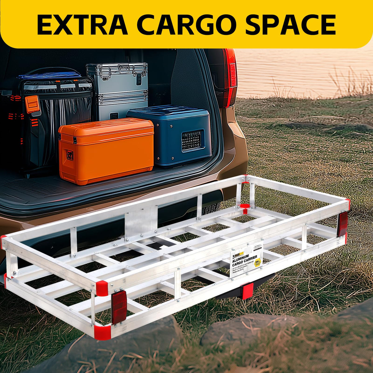 MaxxHaul Aluminum Cargo Carrier with Hitch Tightener Trailer Hitch Mount for RV Truck SUV Van Car with 2" Receiver - 500 lb. Load Cap. 47.25" x 20.25 x 6 Inner Dims. 49" x 22" x 6" Outer Dims.