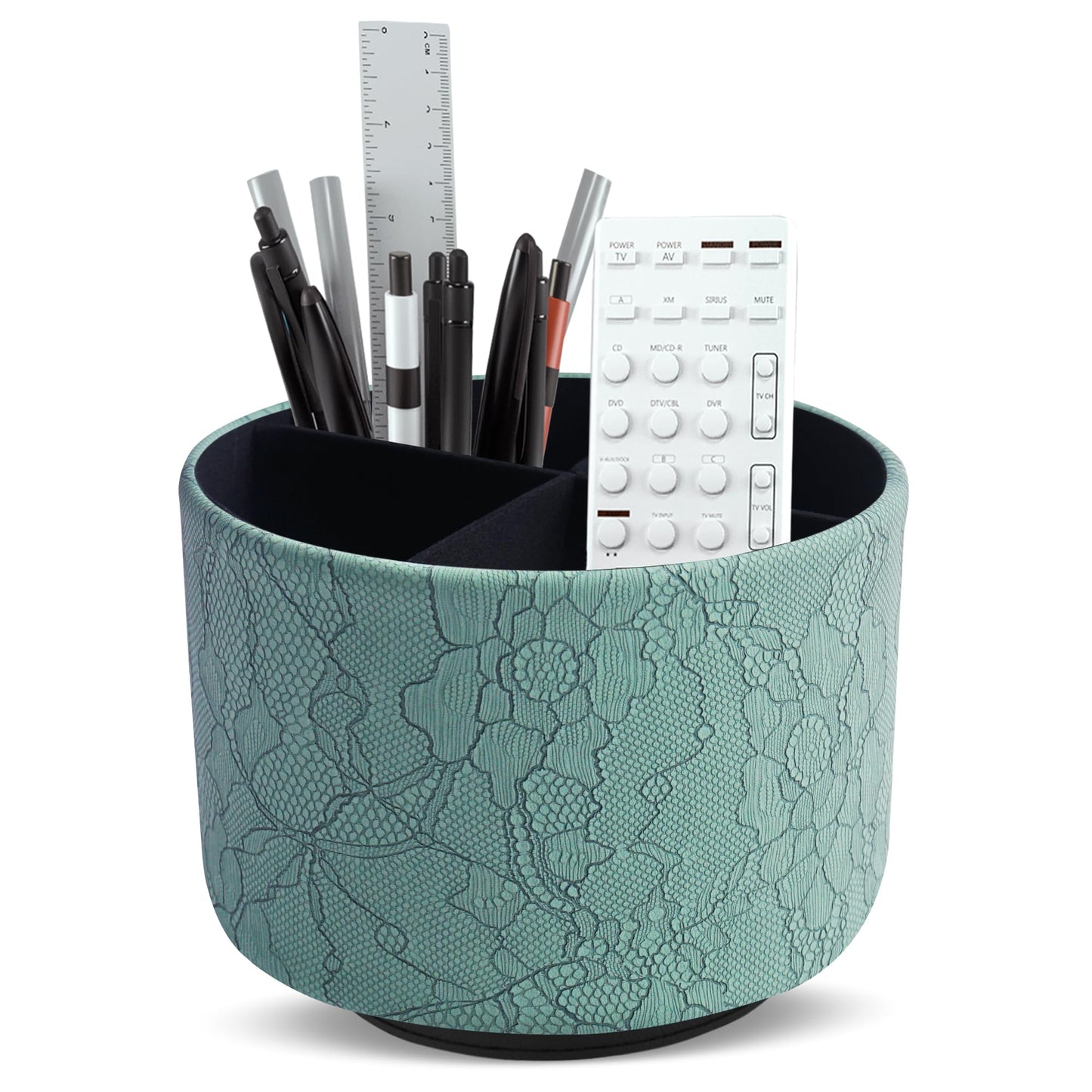 Lvkjafaz Round Leather Art Supply Organizer,Remote Control Holder,360 Degree Spinning,Multi-Functional Pencil Holder,4 Compartments Desktop Stationary Organizer(1-Lace Flower Green2)