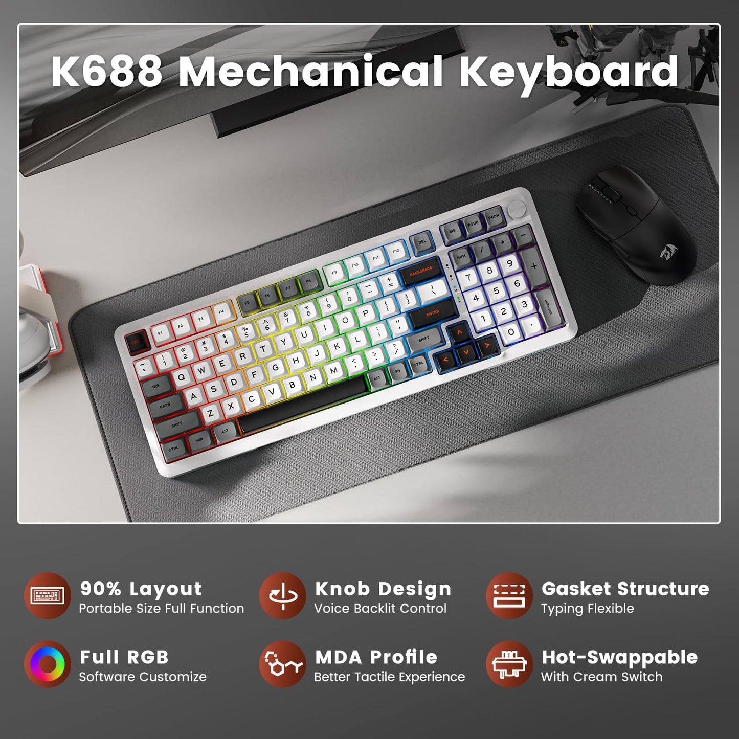 Redragon Wireless Mechanical Keyboard, 3 Mode Gasket Mounted RGB Gaming Keyboard with Volume Knob, Pre-Lubed Linear Switches, MDA-Profile, 98 Keys Hot Swappable Creamy Keyboard for PC/Tablet/Xbox/PS4