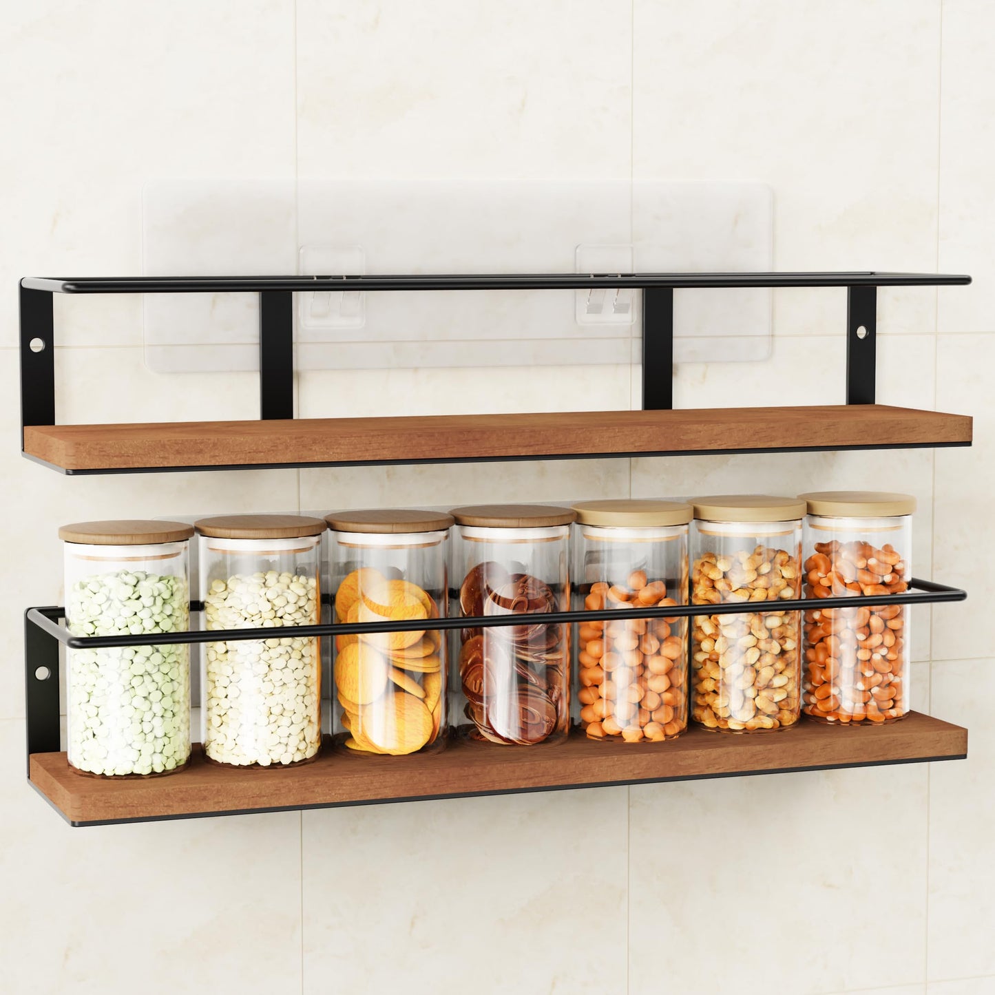 GIGIFTREE Spice Rack Self-Adhesive or drilling, Rustic Style Hanging Spice Rack, Spice Organization for Cabinet Door or Wall Mount, Over The Stove, Kitchen Wall, 2-Pack