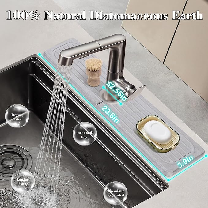 Stone Faucet Mat for Kitchen Sink, 23.6" Diatomite Drying Stone Kitchen Sink