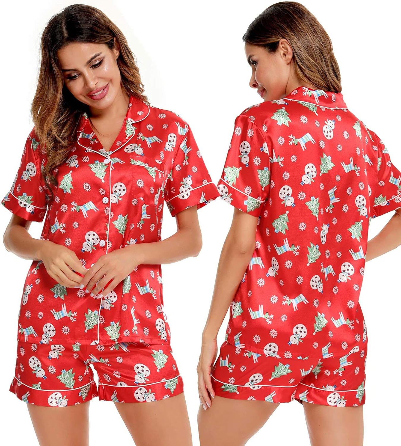 SWOMOG Womens Silk Satin Pajamas Set Short Sleeve Sleepwear Button Down Top and Shorts Loungewear 2 Piece Pjs Set XS-3XL