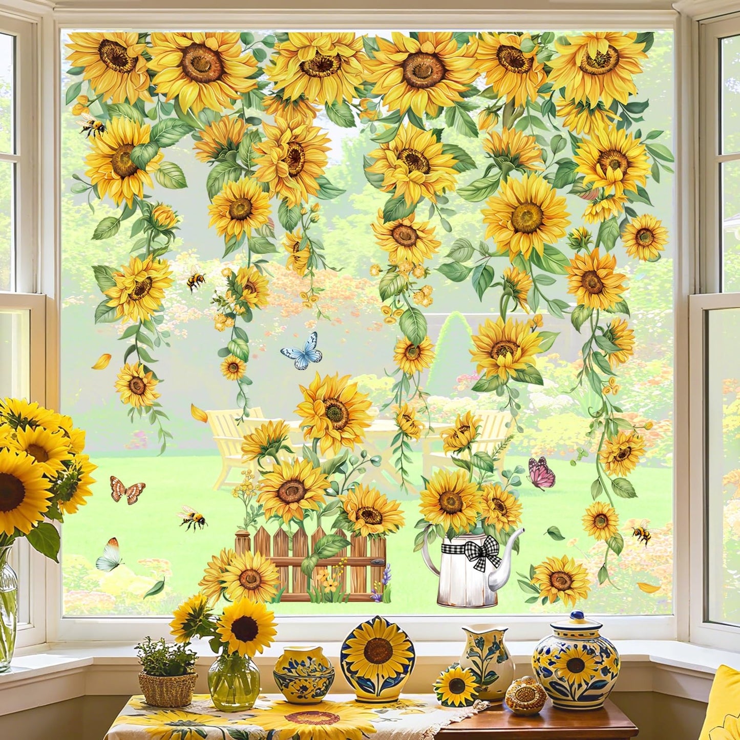 decalmile Spring Summer Sunflower Double Sided Window Clings Hanging Flower Vine Garden Flower Anti-Collision Glass Doors Window Stickers Decals