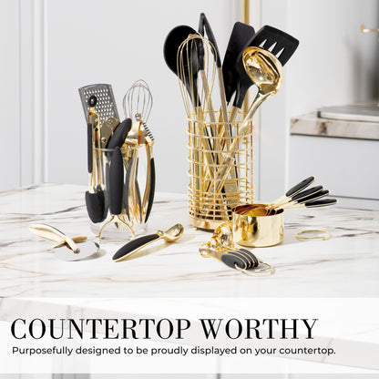 White & Gold Cooking Utensils Set - Luxe 8-Piece Kitchen Gadget Set Includes Can Opener, Tongs and Garlic Press - Stylish White and Gold Kitchen Accessories for Modern Kitchens, Ideal for Gifting
