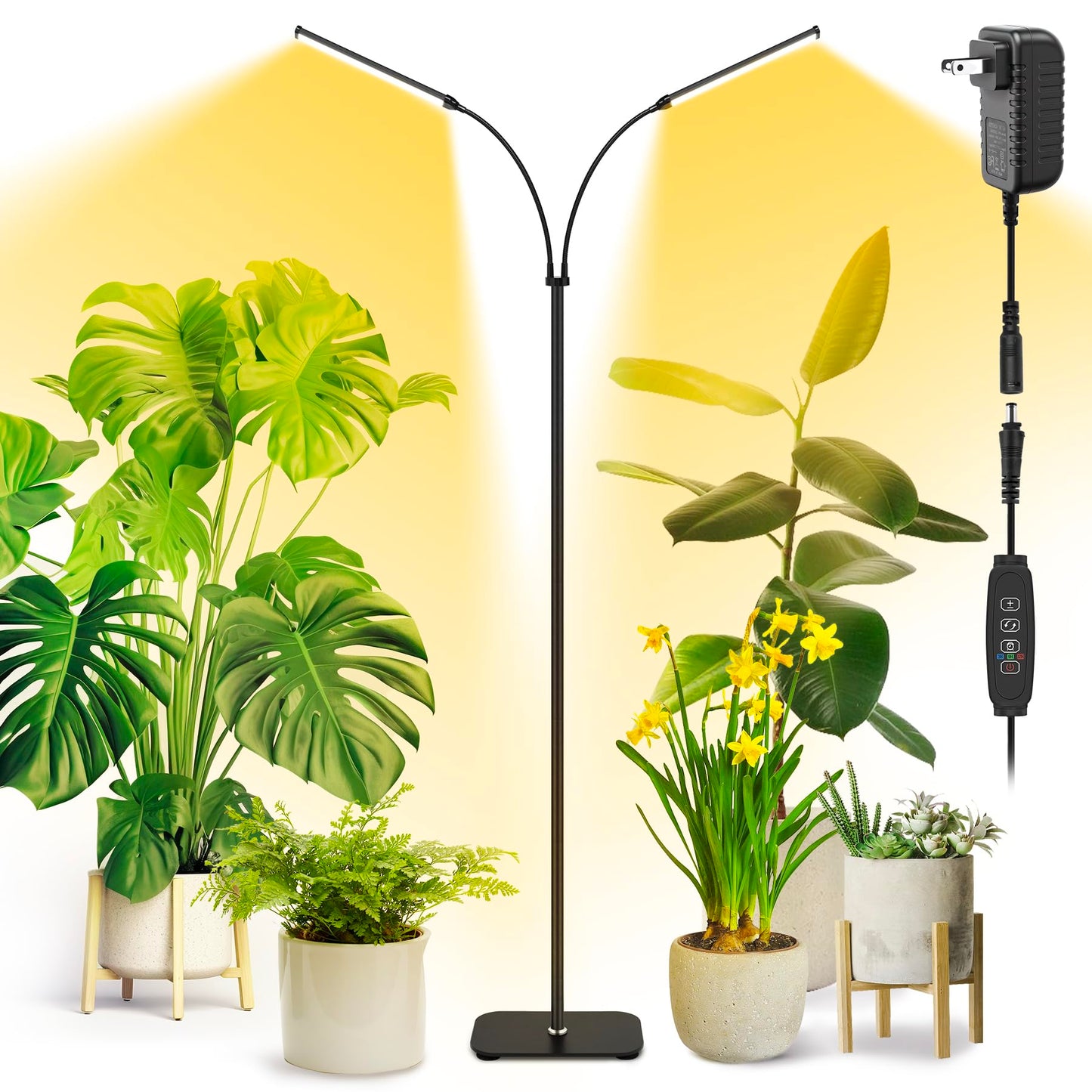 MistyJungle Plant Grow Light for Indoor, Full Spectrum Dual Heads Grow Light, 66.5in Extendable Stand,144 LEDs,10-Level Dimmable, Auto Timer, Adjustable Gooseneck Floor Lamp for Tall Large Plants