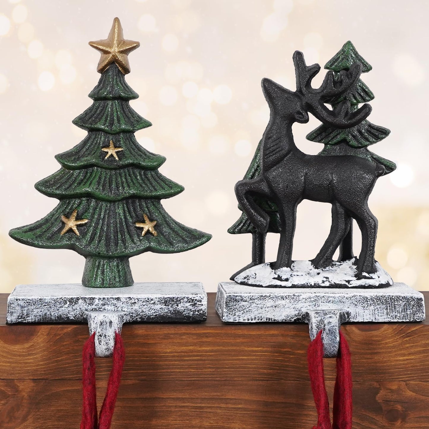 G GOOD GAIN Christmas Stocking Holders for Mantle - Set of 2 Heavy Duty Cast Iron Stocking Hangers with Non-Slip Base | Exquisite 3D Xmas Tree, Deer Mantel Hook for Fireplace Decoration Holiday Gifts