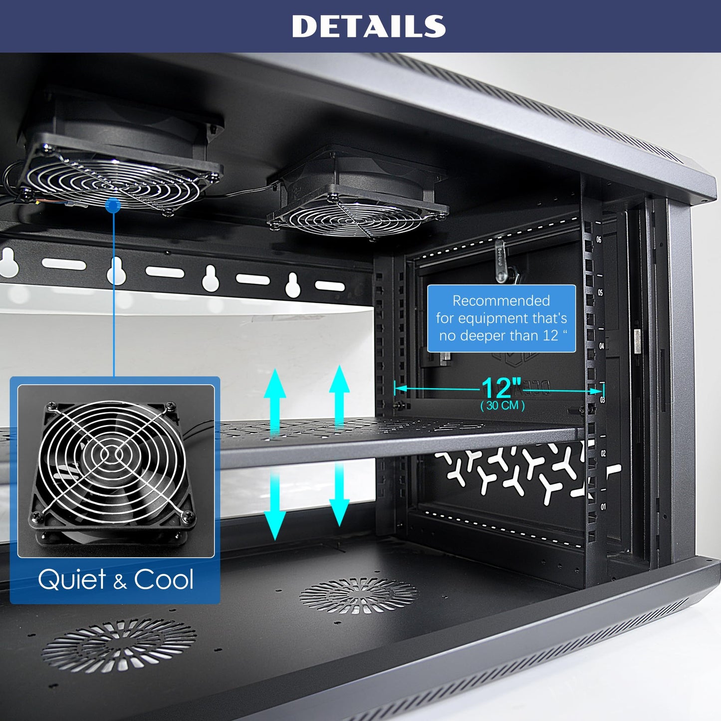 OCEANHUG 12U Wall Mount Server Cabinet with A Lockable Front Vented Door, Cooling Fans, Removable Side Panels - 45cm Depth, 19" Network Rack Including 2 PCS Full-Size Rack Shelves for IT Equipment