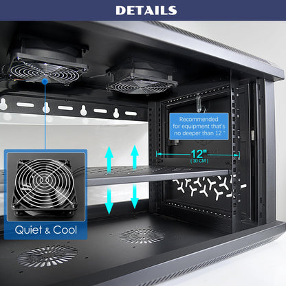 OCEANHUG 12U Wall Mount Server Cabinet with A Lockable Front Vented Door, Cooling Fans, Removable Side Panels - 45cm Depth, 19" Network Rack Including 2 PCS Full-Size Rack Shelves for IT Equipment
