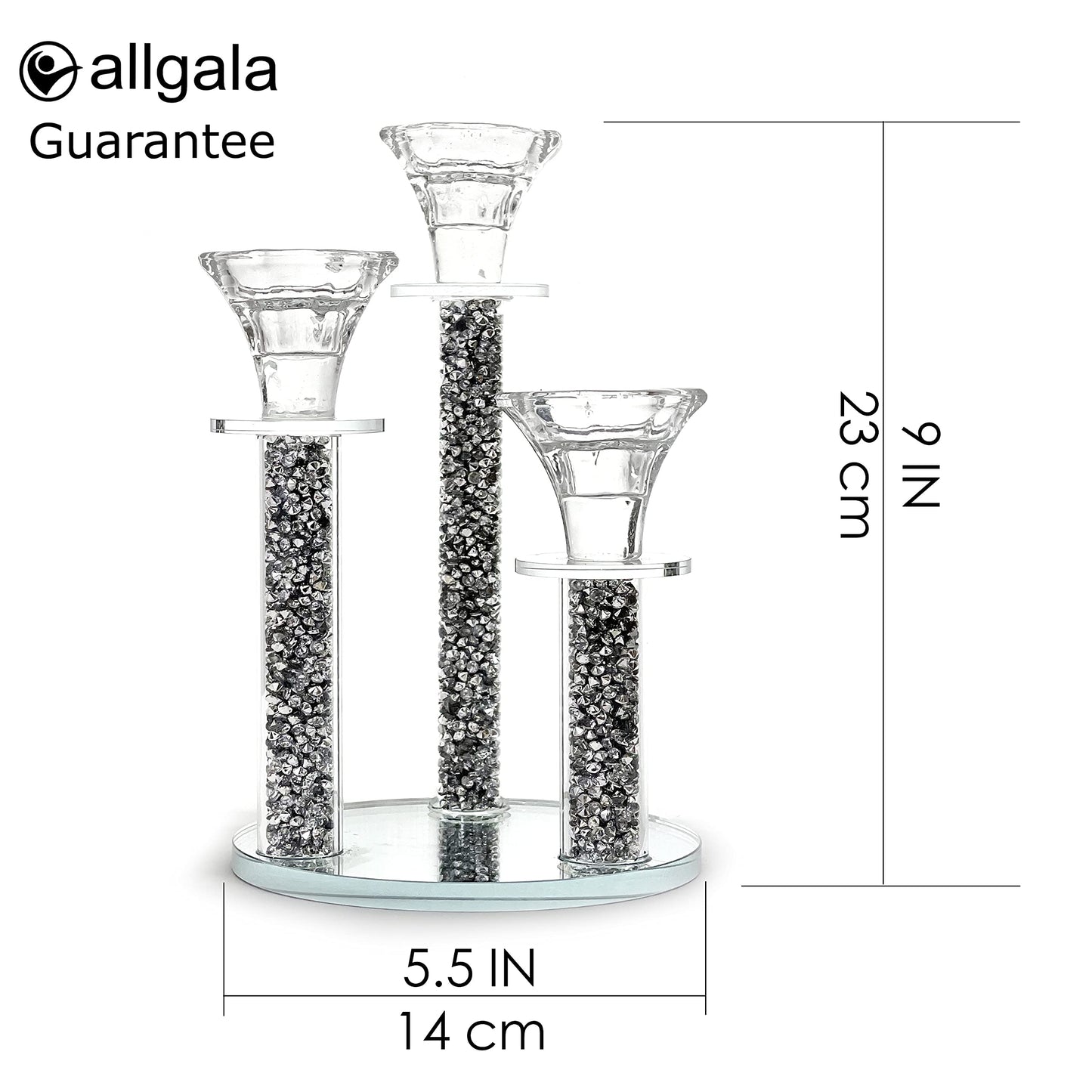 Allgala 9 Inch Tall 3-Pillar Filled with Diamond Like Stone Filled Crystal Candlesticks with Mirror Base-Silver-HD89124