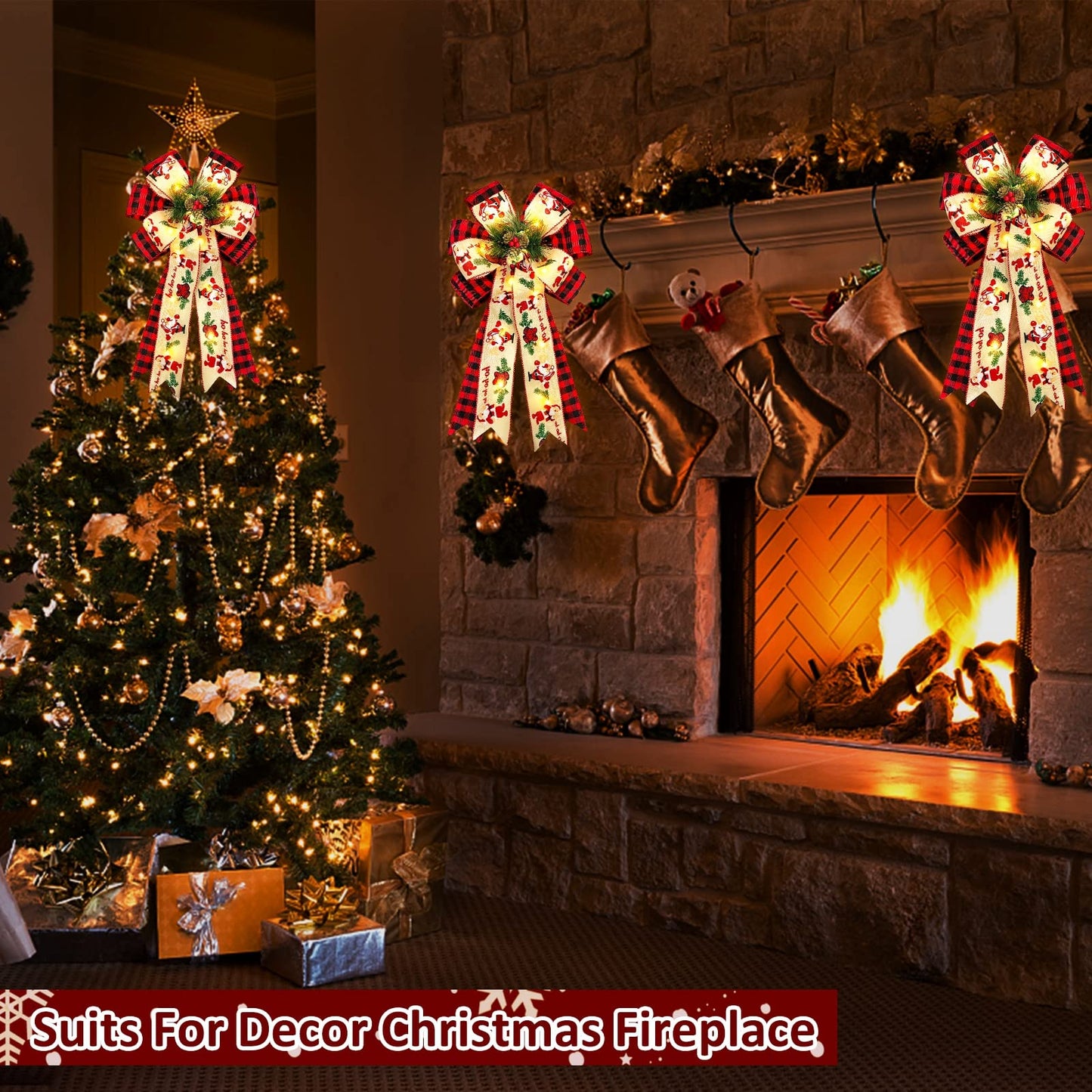 2 Pcs Prelit Christmas Bows Decor with 20 Lights, Santa Bells Black Red Buffalo Plaid Xmas Bows 20" by 11" Christmas Tree Wreaths Garland Bow Battery Powered Christmas Decorations Home Indoor Outdoor