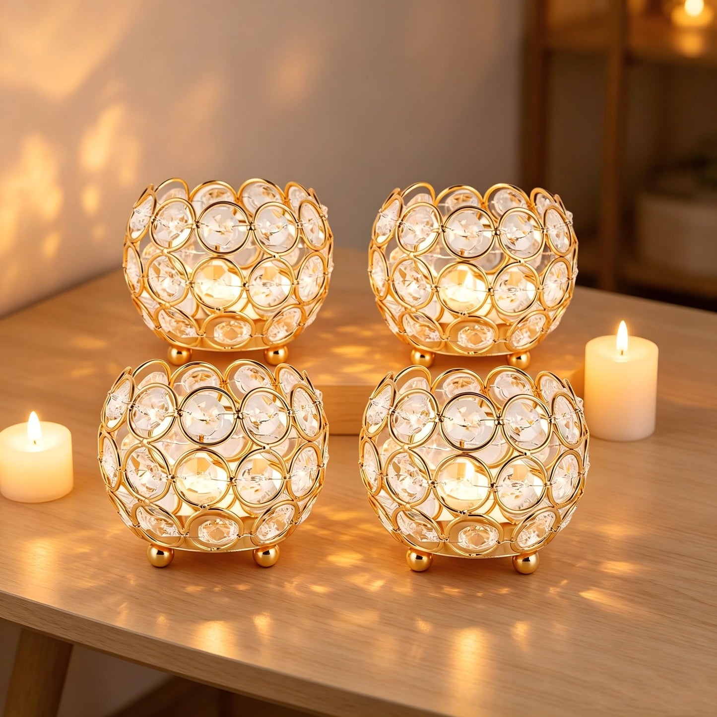 VINCIGANT Gold Crystal Votive Candle Holders for Table Tenterpiece,Small Bowl/Ball Tealight Candle Lantern for Thanksgiving Wedding Table Decoration, (4pcs)