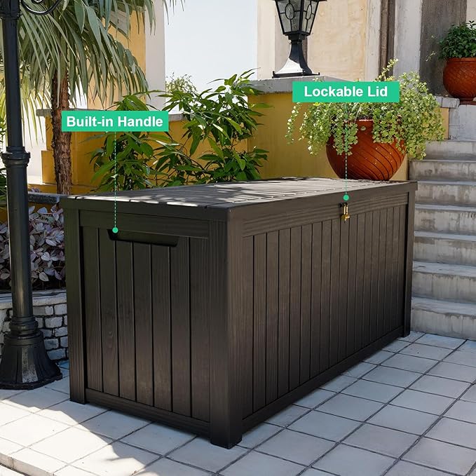 200 Gallon Outdoor Deck Box, Lockable Waterproof Outdoor Storage Boxes For Garden Tools,Indoor Cushions,Accessories Outside Storage Resin Weatherproof Container(Black)