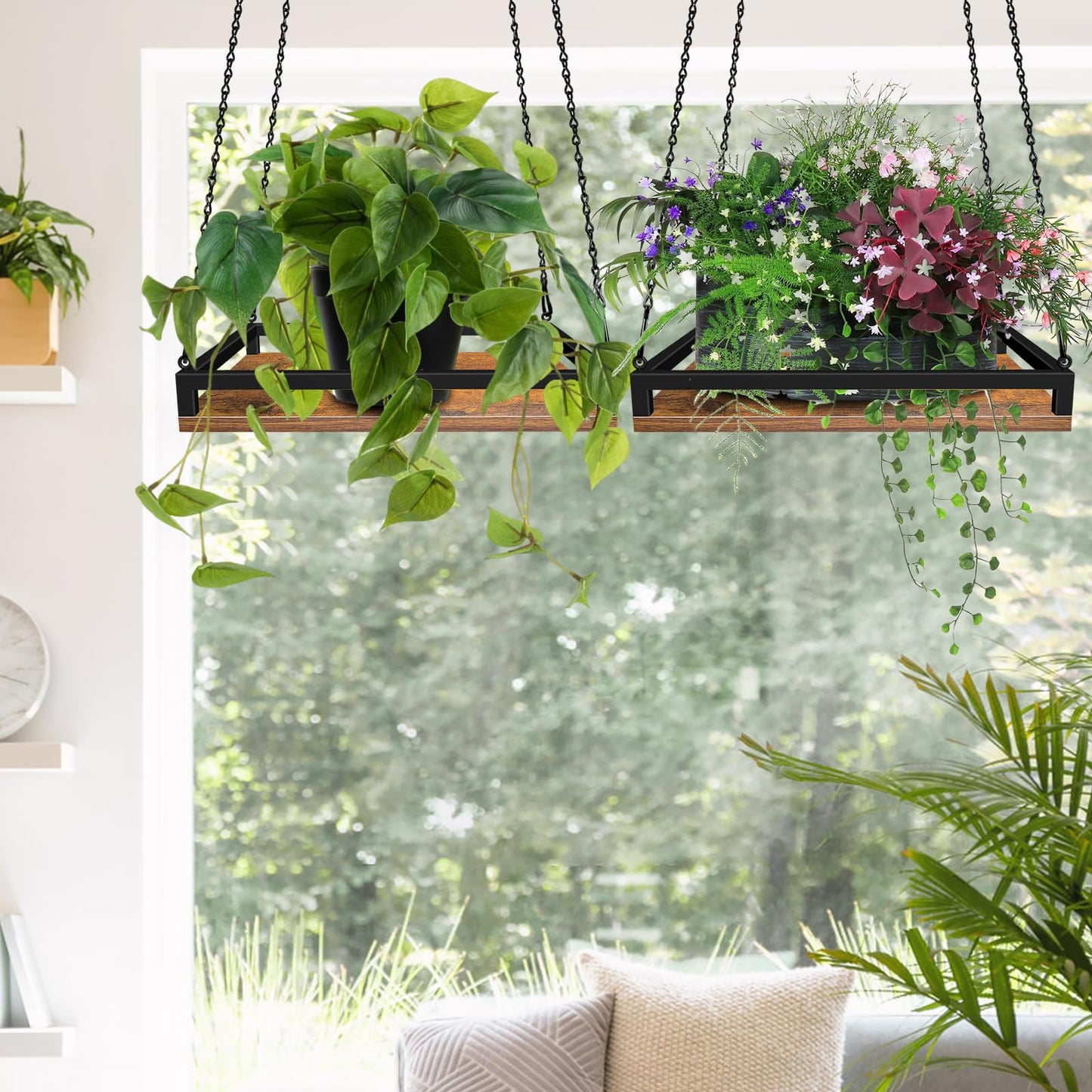 Plant Hanger Indoor, 16" Wooden Hanging Plant Holder with Metal Frame Large Hanging Planter for Indoor Plants Load 50LB Hanging Plant Shelf with 27.6" Long Chain, Ideal for Heavier Pots Window Ceiling