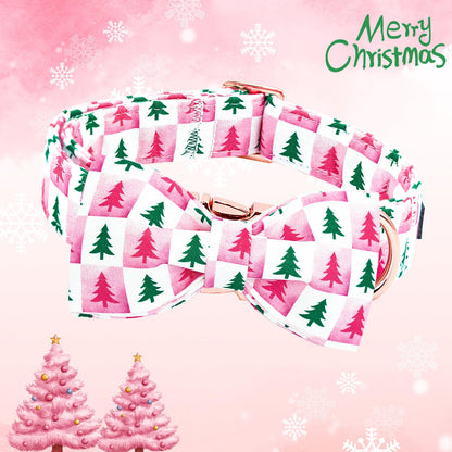 Lionheart glory Christmas Dog Bow Collar - Christmas Tree Pink Checkerboard Dog Collars with Bowtie Soft Sturdy Adjustable Girl Collars for Medium Dogs Cute Pet Collar