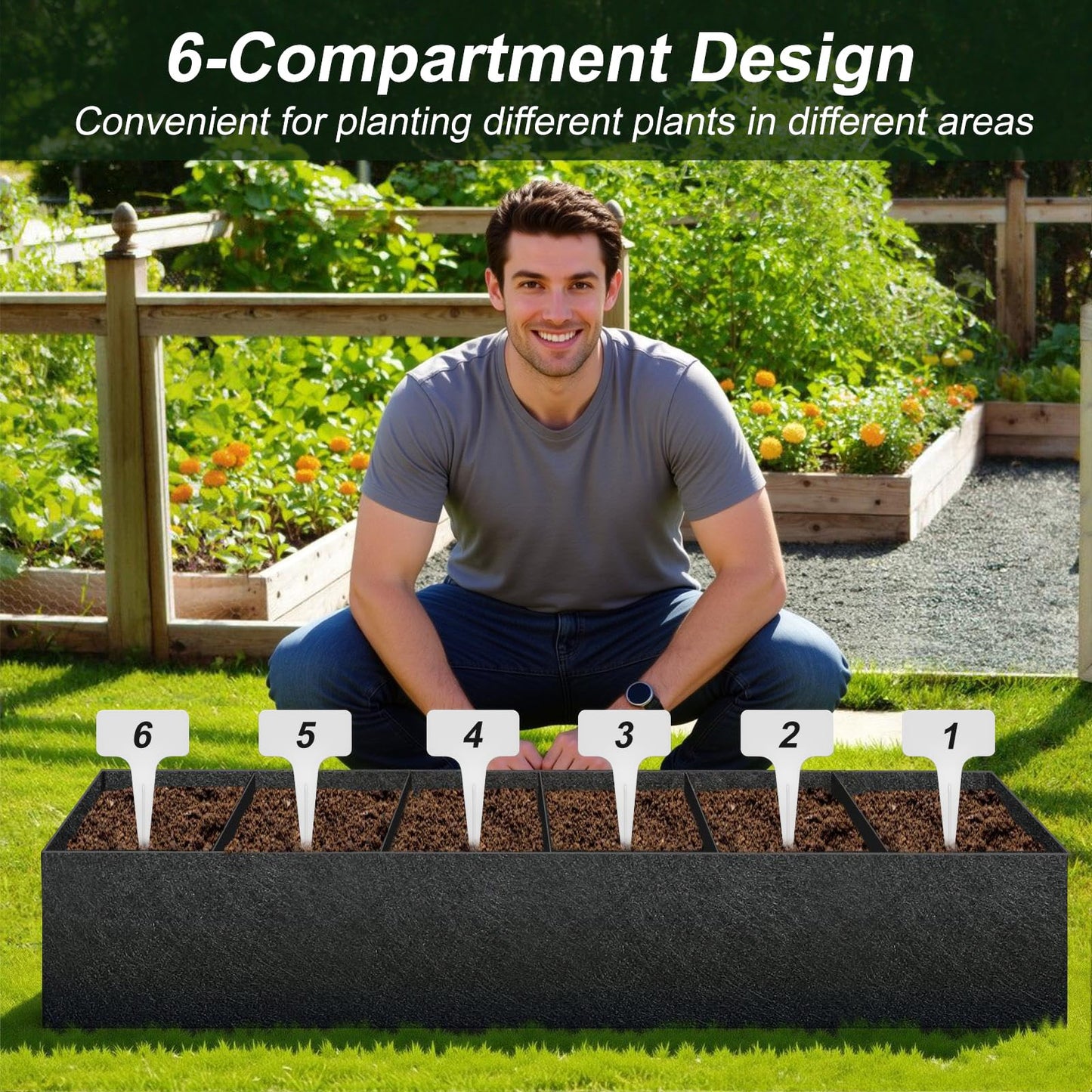 2PCS 12x2x1ft Fabric Raised Garden Bed Outdoor Patio 6 Grids Raised Planter Box Fabric Planters Grow Bags Rectangle Cloth Pots Potato Tomato Strawberry Garden Bed for Growing Vegetables Flower Herb