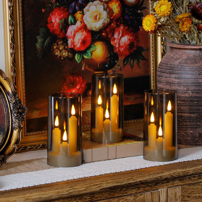 Zevanor 3 in 1 Flameless Taper Short Candles with 10 Key Remote Control and Timer, Battery Operated Pack of 2 LED Acrylic 3" x6" Grey Pillar Flickering Warm Light