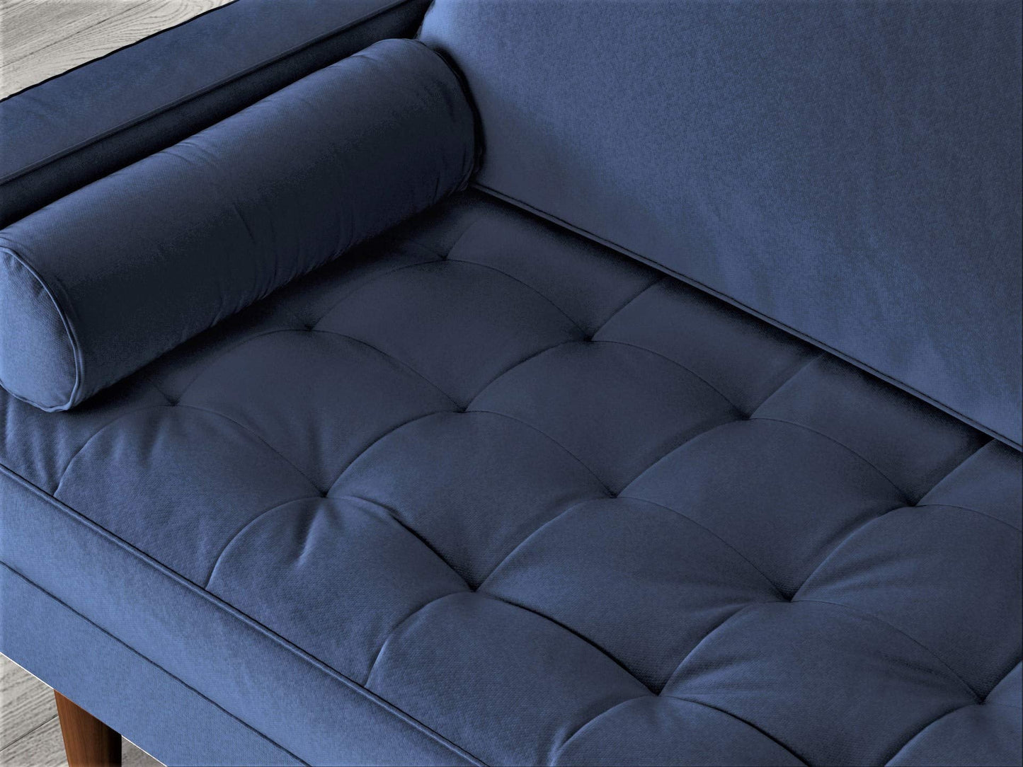 Container Furniture Direct Womble 58 Inch Velvet Loveseat Sofa with Elegant Button Tufted Upholstery, Square Arms, Splayed Wood Legs, Includes Matching Bolster Pillows, Denim Blue