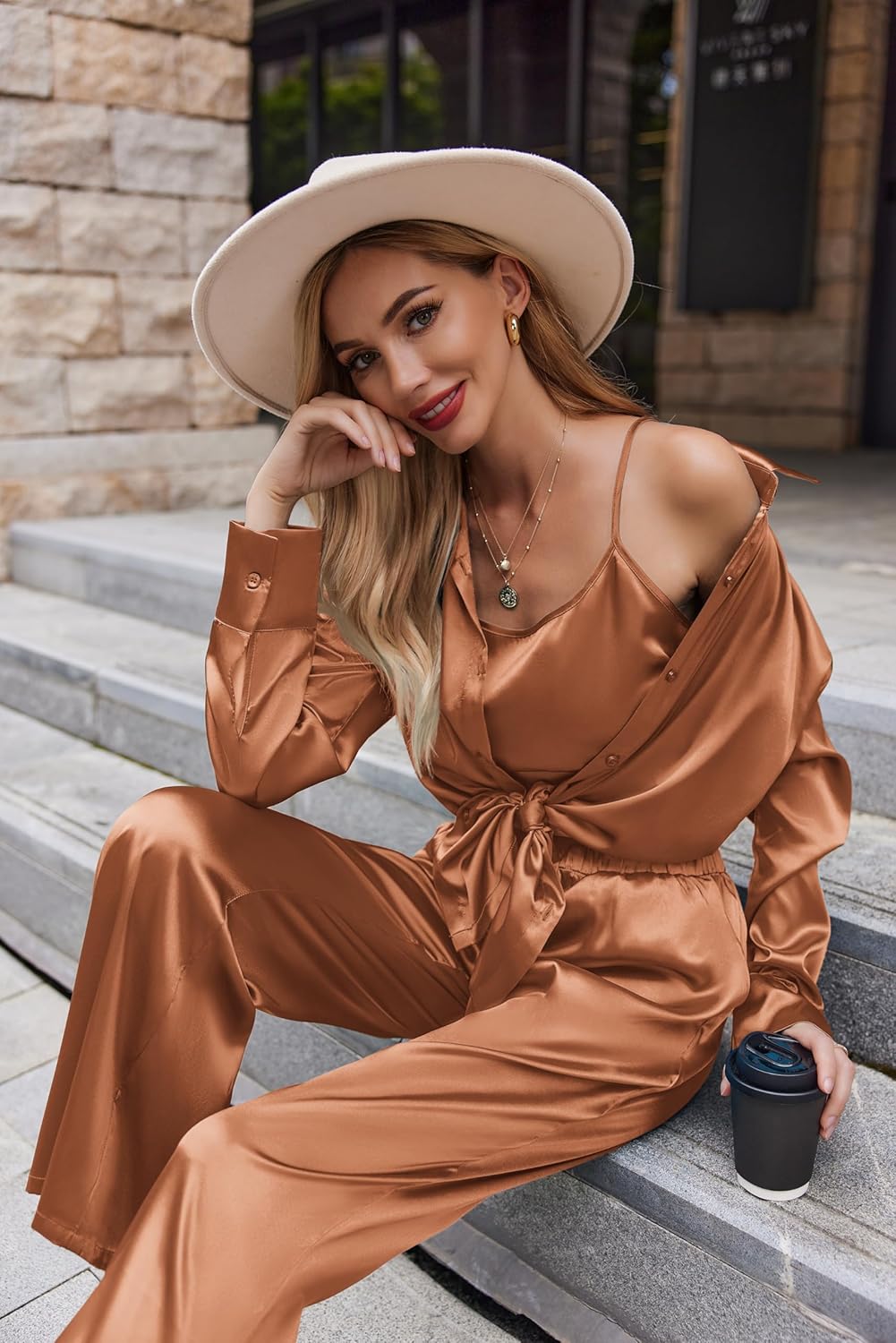 Ekouaer Silk Pajamas for Women Set Long Sleeve Button Down Lounge Set Soft 3 Piece Pj Sets Sexy Cami Top and Long Pants S-XXL