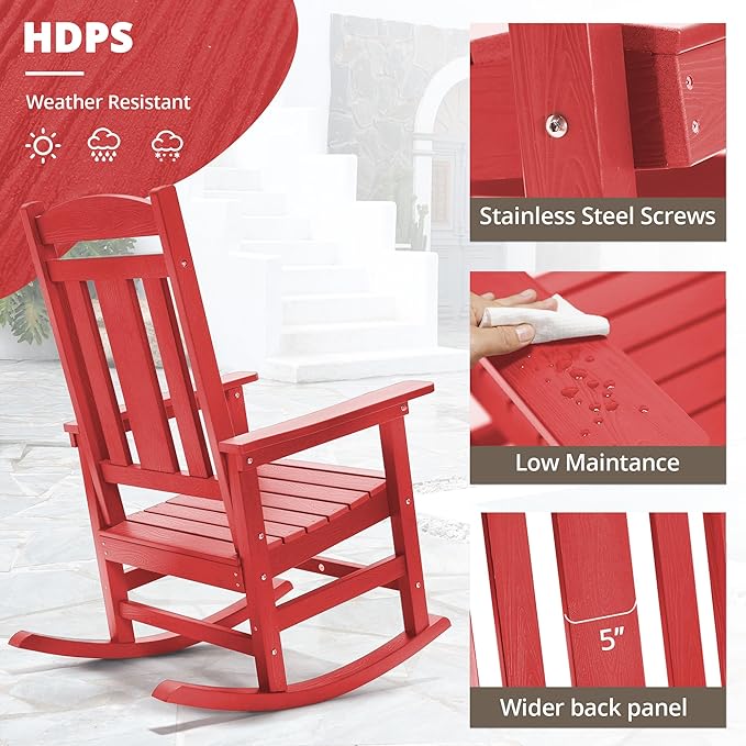 LUE BONA Outdoor Rocking Chairs Set of 4, HDPS Porch Rocker with High Back, Plastic Weather Resistant Rocking Chairs for Outdoor Indoor, Garden, Backyard, 350lb, Bright Red