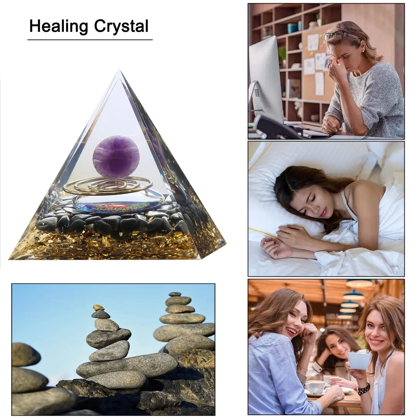 Orgone Pyramid - Positive Energy Source for Meditation, Stress Relief, Wealth Attraction | Crystal Pyramid Orgonite with Protection Crystals | Ideal Energy Generator & Stylish Room Decor