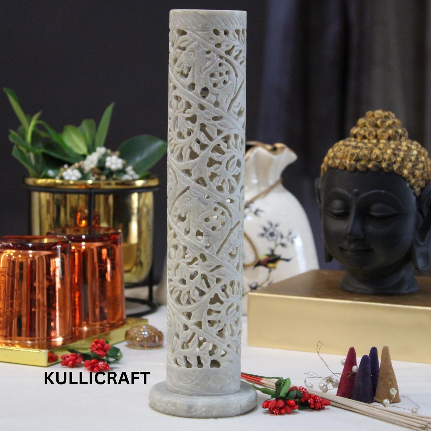 Carry Me Marble Soapstone Incense Stick Holder | Candle Burner | Tea Light Holder - Perfect Handmade Elephant Carving for Gifting. Decorative Home and Office Decor.(3 x 3 x 10.5 Inches)