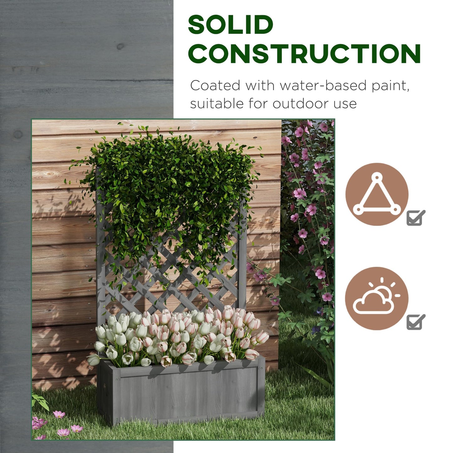 Outsunny Wooden Raised Garden Bed with Trellis, 46" Planter Box, to Grow Vegetables, Herbs, and Flowers for Backyard, Patio, Gray